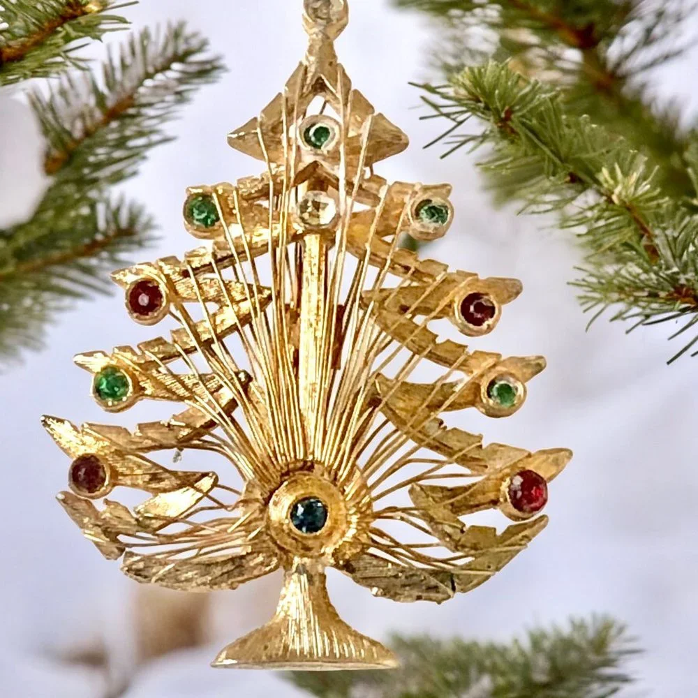 Vintage LJM Christmas Tree Pin Brooch Rhinestones Wire Harp Design Signed FLAWS